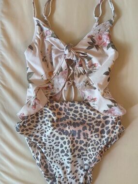 Floral Tie-Front Swimsuit with Leopard Bottom